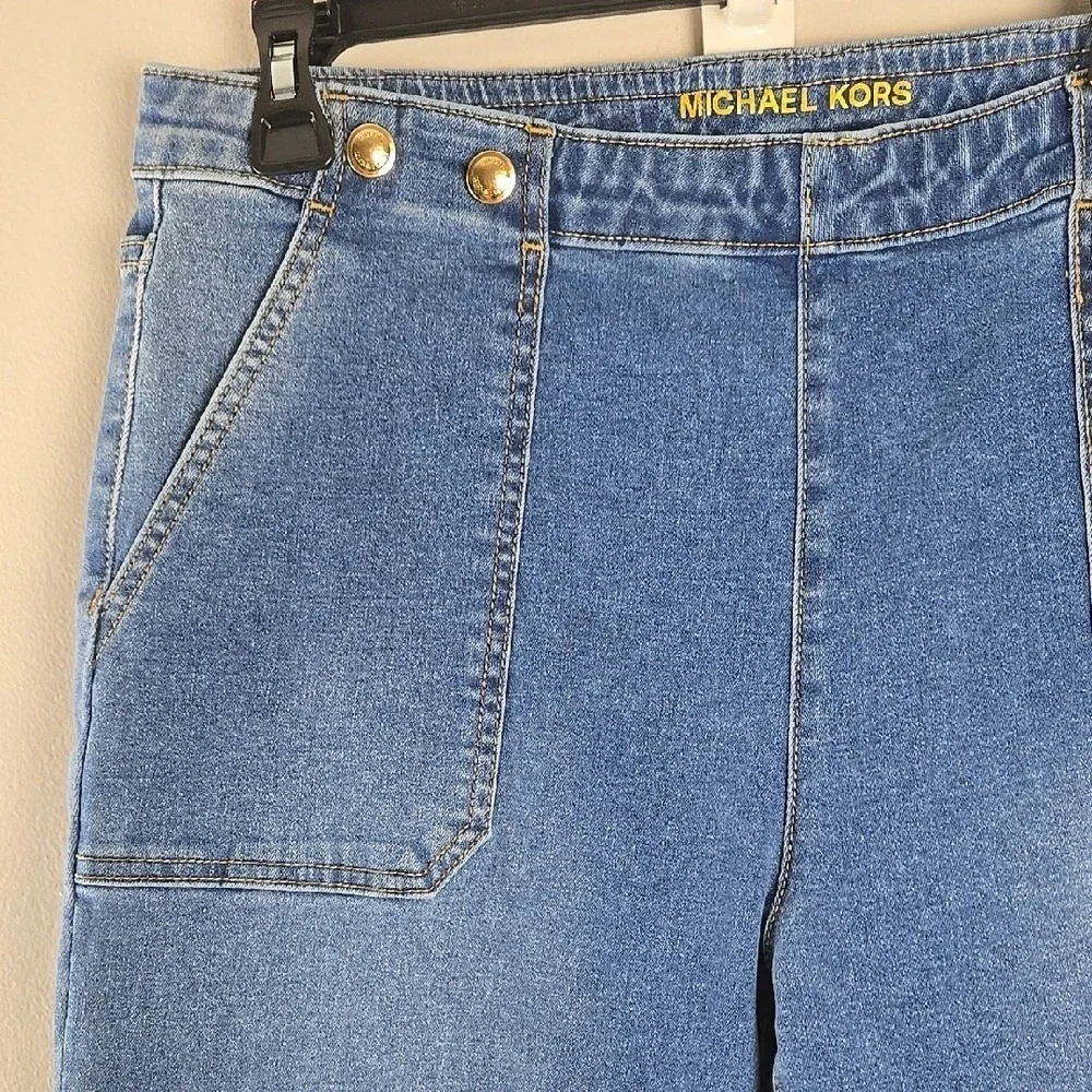 Michael Kors Womens Sailor Wide Leg Jeans Medium Wash‎ Blue Gold Buttons Size 14
